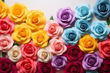 Many colorful roses are located on the left and 2/3 of the free space on the right on a light background