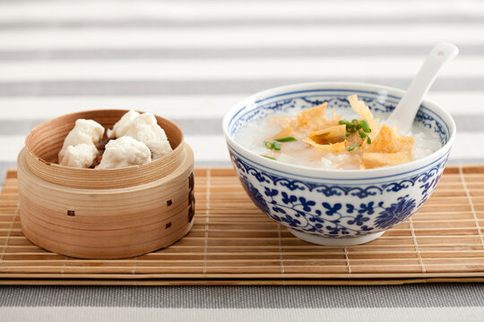 Chinese food rice porridge and cantonese barbecued pork buns