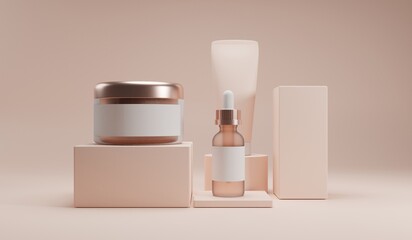 Cosmetic product mockups on geometric podiums with background for presentation of cosmetic.3D rendering
