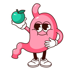 Groovy stomach cartoon character holding green apple. Funny happy human digestive system organ standing, retro stomach cartoon mascot, healthy nutrition sticker of 70s 80s vector illustration