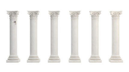 Six marble pillars columns ancient Greek isolated on white background. Generative AI. - obrazy, fototapety, plakaty