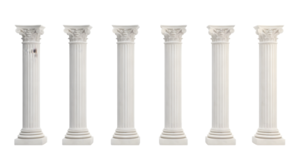 Six marble pillars columns ancient Greek isolated on white background. Generative AI.