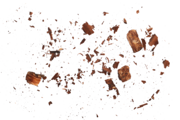 Rotten, old wood pieces and dust, scattered crushed tree bark isolated on white 
