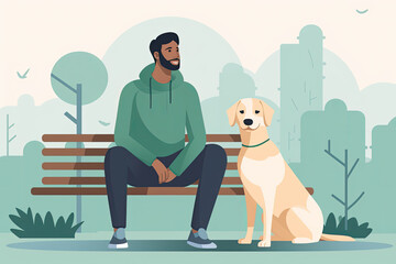Flat Illustration of a person with medium skin tone sitting on a park bench, their emotional support dog beside them