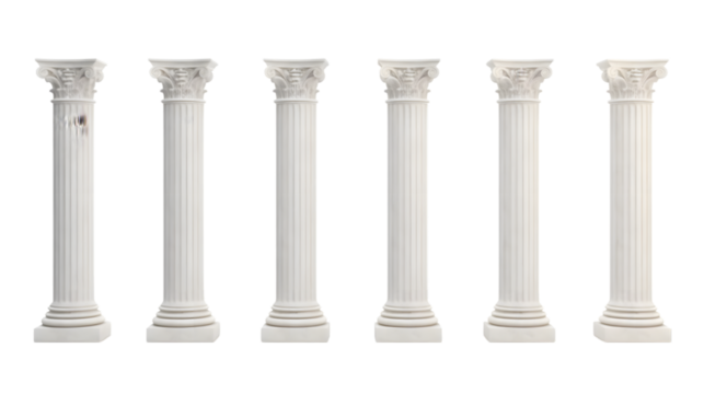 Six marble pillars columns ancient Greek isolated on white background. Generative AI.