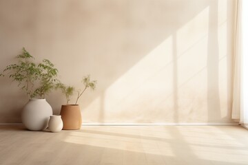 Empty wall in the bright room with high ceilings. Plants and shadow play