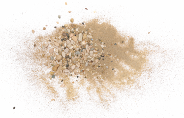 Sand pile scatter with small pebbles isolated on white background and texture, with clipping path, top view
