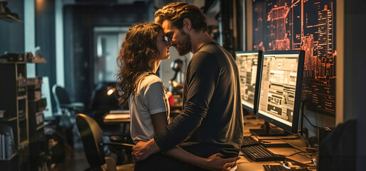 A man and a woman programmers kissing in front of a computer in office. Couple in love showing love on work.