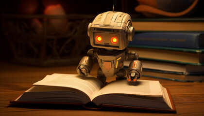 Fototapeta premium Design a small, book-shaped robot that sits on your desk or bedside table. When you read, it can turn its pages, display relevant animations, and even provide soft