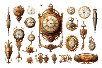 Steampunk design elements isolated on white background. Generative AI.