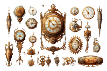 Steampunk design elements isolated on white background. Generative AI.