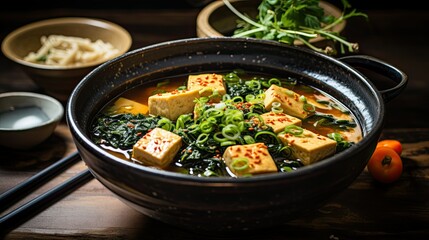 Top View of Miso Soup with Tofu and Seaweed