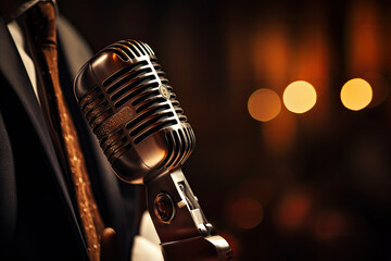 Detailed, up-close photograph of a singer's hand gripping a classic retro microphone, reminiscent...