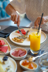 Traditional delicious Turkish breakfast, food concept photo.