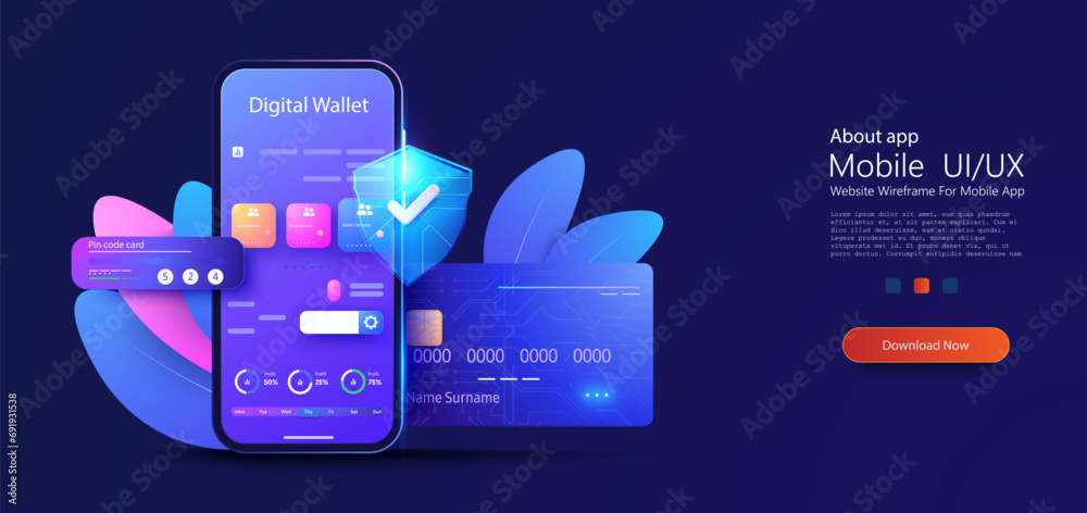 Aufkleber Secure Digital Wallet Concept Illustration with Credit Cards, Smartphone Interface and Cybersecurity Shield. Smart wallet concept credit or debit card payment application on smartphone screen. Vector