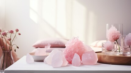  soft light caresses a collection of rose quartz stones, their delicate pink hues creating a serene and elegant atmosphere against the backdrop of pure white.