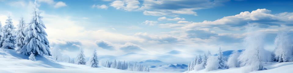 Winter landscape with snow covered trees and blue sky. Christmas banner.