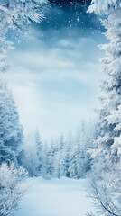 Obraz premium Winter landscape with snow covered trees and blue sky. Christmas background.