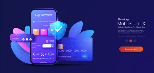 Secure Digital Wallet Concept Illustration with Credit Cards, Smartphone Interface and Cybersecurity Shield. Smart wallet concept credit or debit card payment application on smartphone screen. Vector