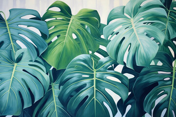 Monstera leaves against a white wall. Exotic leaves pattern created with Generative AI