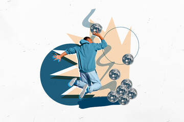 Creative poster illustration picture sporty young man throwing discoballs play basketball game...