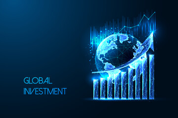 Global investment, world stock market futuristic concept with Earth globe and growth graph - obrazy, fototapety, plakaty