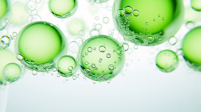 Special effect molecular ingredients for cosmetic products, green bubbles beauty concept background