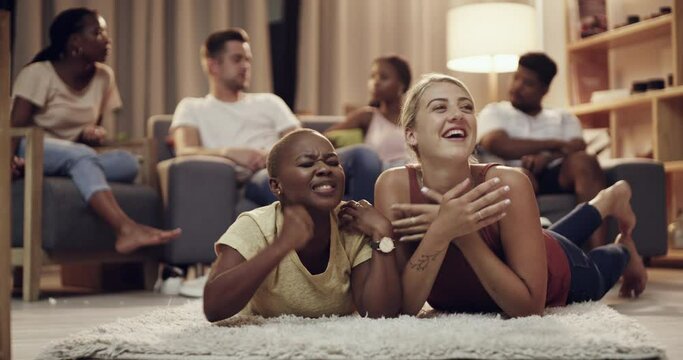 Friends, watching tv and living room with laughing with women, bonding and conversation at home. Couch, chat and diversity of people together with movie, film and relax in a lounge with discussion