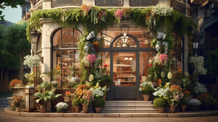 Flower shop exterior with plants and nice decoration