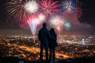 Fototapeta na wymiar A happy and close couple looks out over the cityscape at night with colorful fireworks celebrating the new year. Merry Christmas or Happy New Year concept.