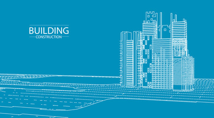 Building blue print perspective construction plan facades architectural sketch.Vector illustration