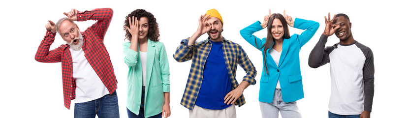 Men and women show grimaces and have fun together, collage of portraits