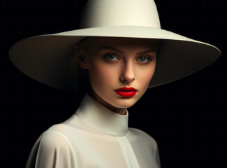 Elegant Portrait of a Woman in White Hat.
Stylish and dramatic portrait of a woman with bold makeup wearing an oversized white hat, against a dark background.

