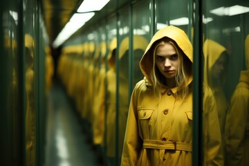 Obraz premium Claustrophobia Concept - Anxious Woman in Hooded Jacket in a Glass Corridor