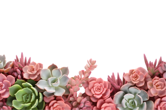 succulents banner or header with different plants on a soft blush : pink background, flat lay : top view, isolated on white background. Generative AI.