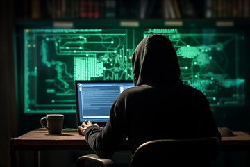 Unrecognisable hacker sitting on his back using laptop to gain access to it. A hacker tries to hack a security system to steal or destroy critical information.  - obrazy, fototapety, plakaty