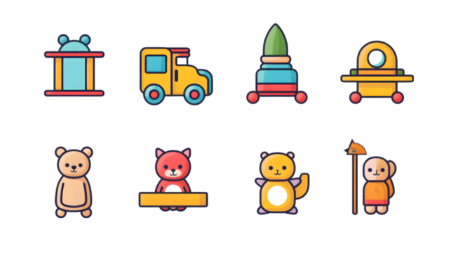 Toy icon collection - vector color illustration isolated on white background. Generative AI.