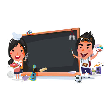 Cartoon kids with a blank blackboard, engaging in sports, music, and art activities.

