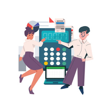 Cartoon illustration of a businessperson using a calculator in an office setting, featuring both a man and woman working with technology and mobile devices, accountant job - vector illustration