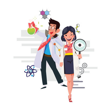 happy scientist male and female - vector illustration