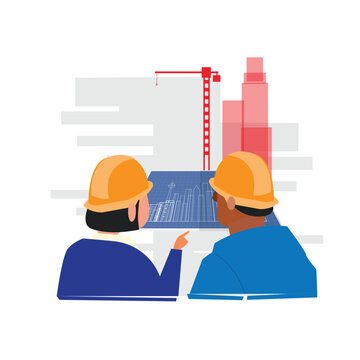 Two engineers in hard hats reviewing blueprints at a construction site with cranes and buildings.
