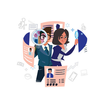 Team of professionals analyzing resumes while conducting an online job search with magnifying glasses and documents in a modern office setup