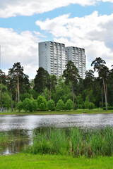 Multi-storey residential buildings on shore of Shkolnoye Lake in Zelenograd in Moscow, Russia