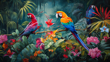 Illustrate a vibrant and exotic scene with colorful birds like toucans, parrots, and peacocks in a lush tropical setting