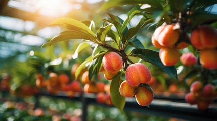 Ripe organic peaches growing on tree in greenhouse. Healthy fruits concept Generative AI - obrazy, fototapety, plakaty