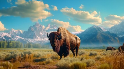 Create an evocative AI-rendered image that showcases a bison against the stunning Grand Teton Mountain range, with a foreground of vibrant grass. 