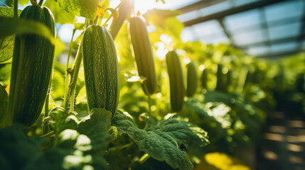 Ripe Zucchini plants growing in greenhouse. Organic agriculture. Generative AI