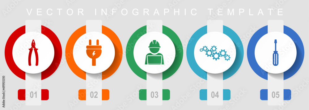 Poster Service flat design icon set, miscellaneous icons such as pliers, plug, engineer, gears and screwdriver for web design and mobile applications, vector infographic template, web buttons collection