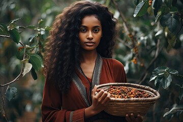 ethiopian woman amonst coffee trees holding a basket of fresh coffee beans