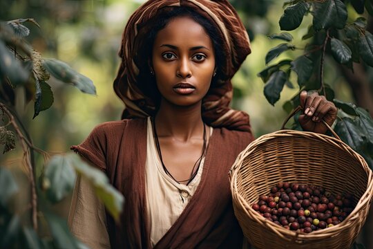 ethiopian woman amonst coffee trees holding a basket of fresh coffee beans